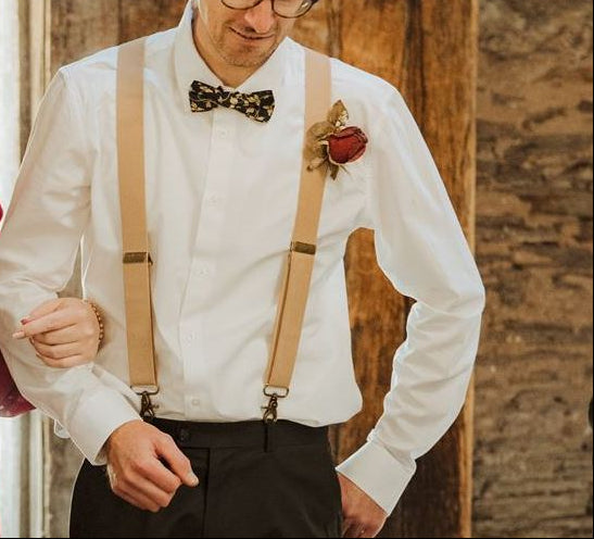 Beige Cross-Back Suspenders Vintage Brass-Style Clasps