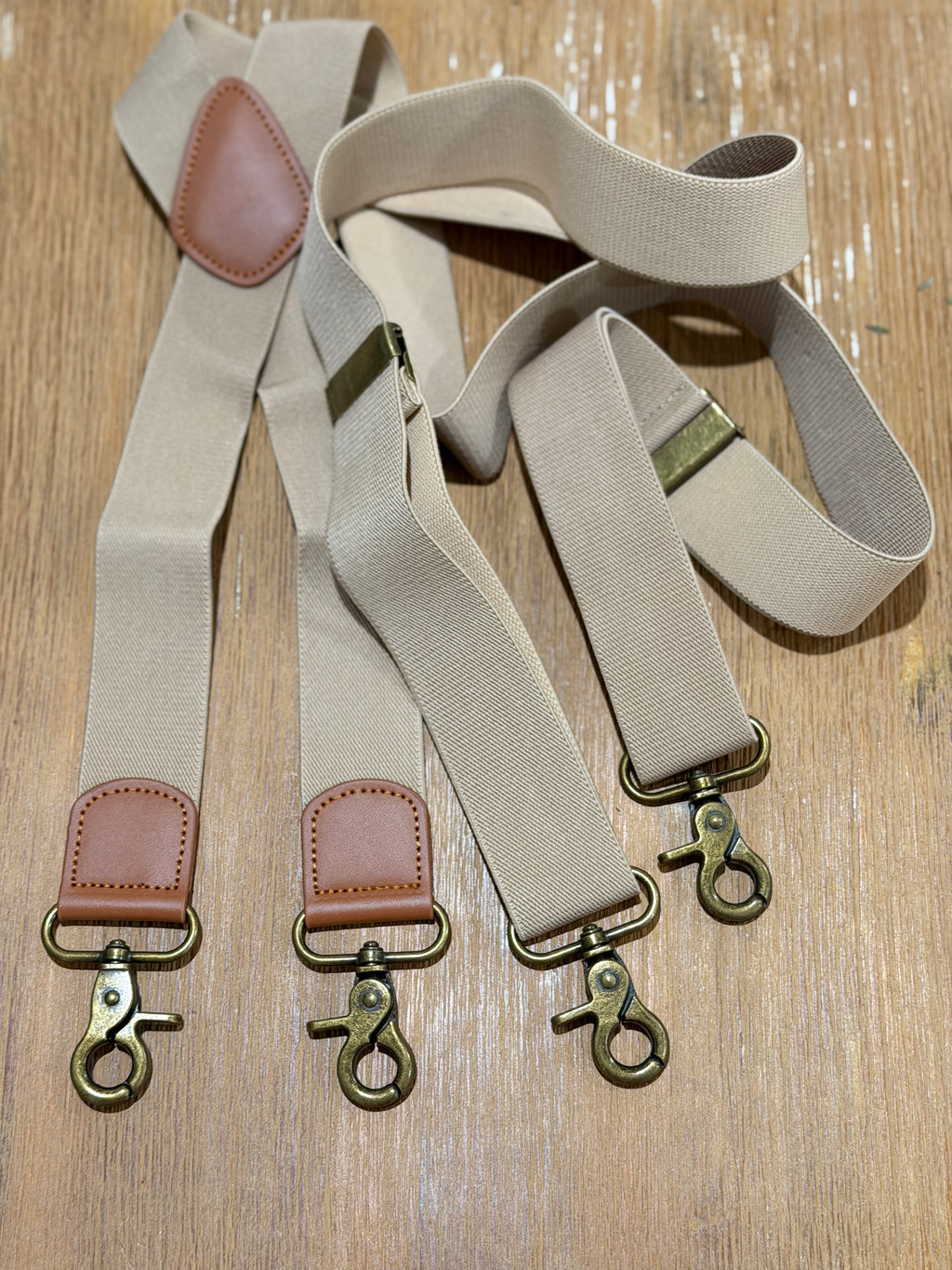 Beige Cross-Back Suspenders Vintage Brass-Style Clasps