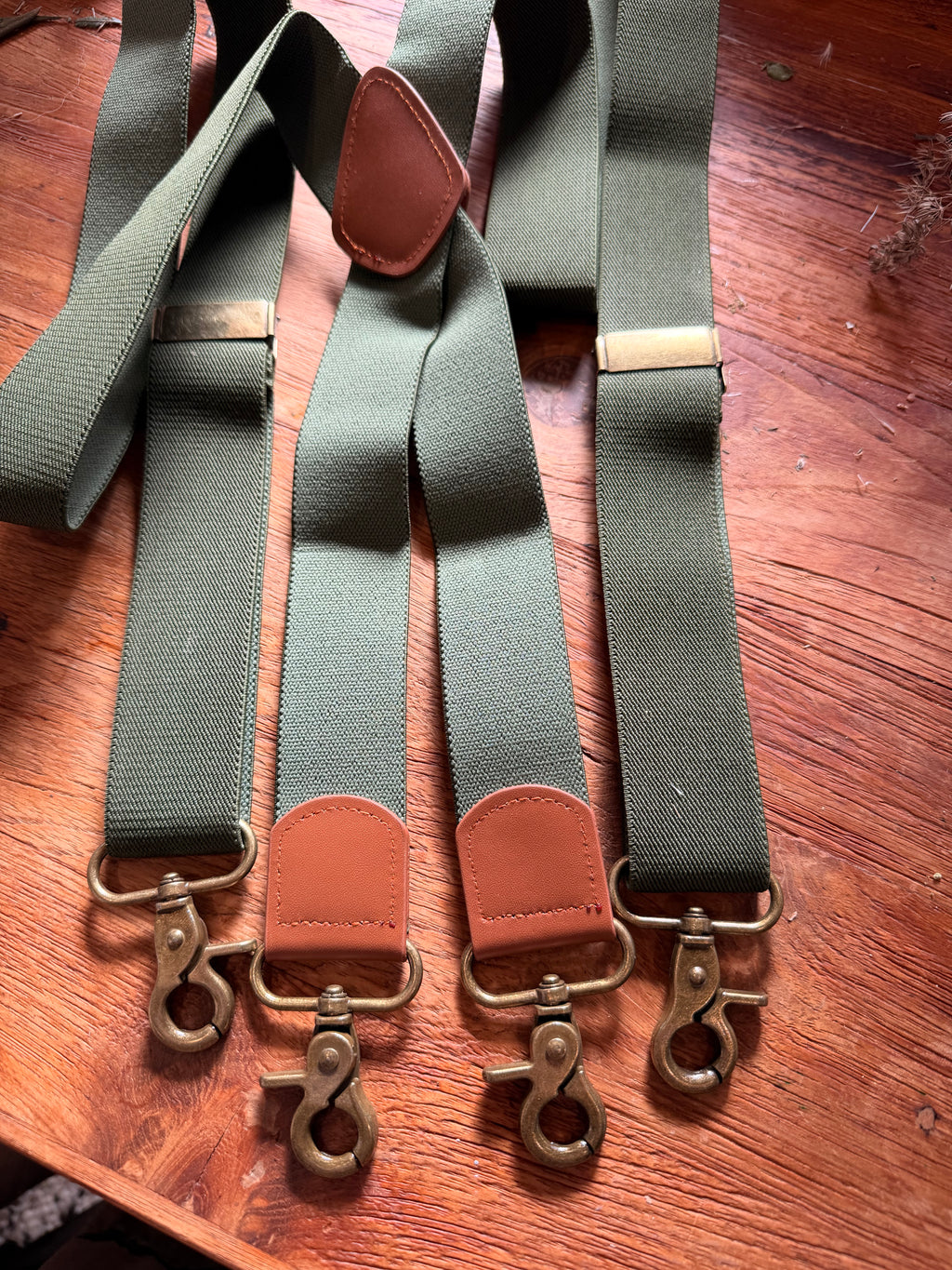 Green Cross-Back Suspenders Vintage Brass-Style Clasps