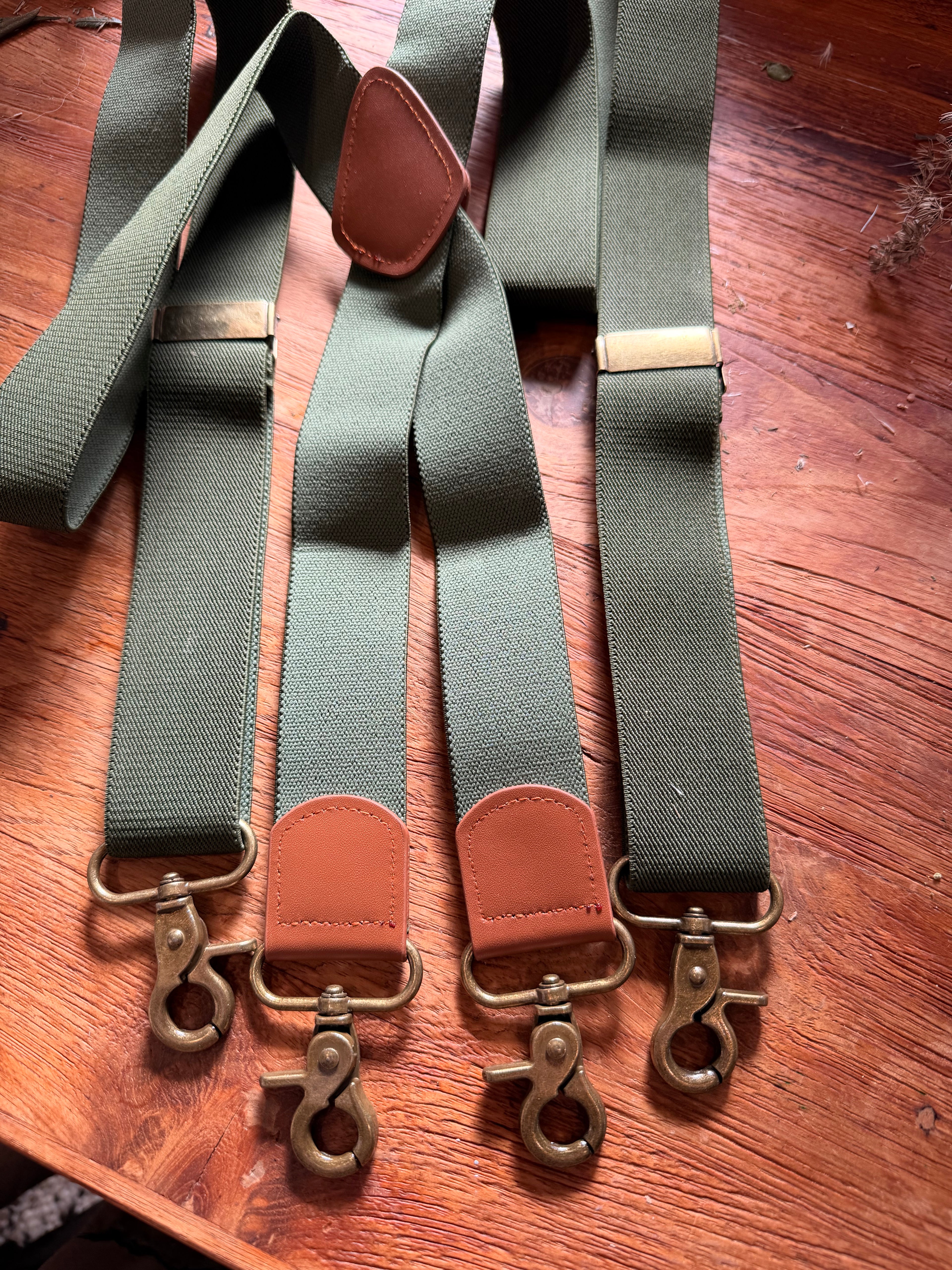 Green Cross-Back Suspenders Vintage Brass-Style Clasps